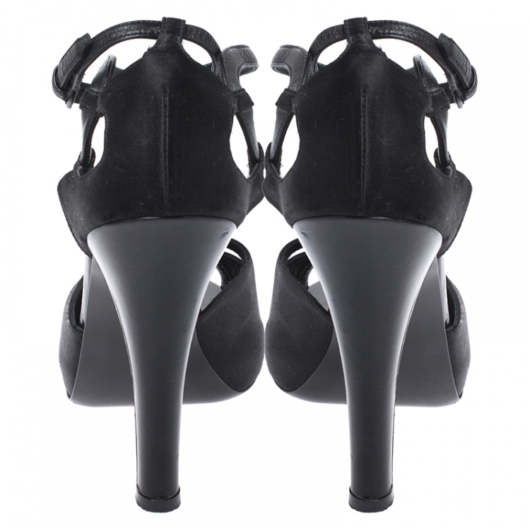 Pre Owned Bottega Veneta Black Satin And Leather Trim Ankle Strap Sandals Size 38