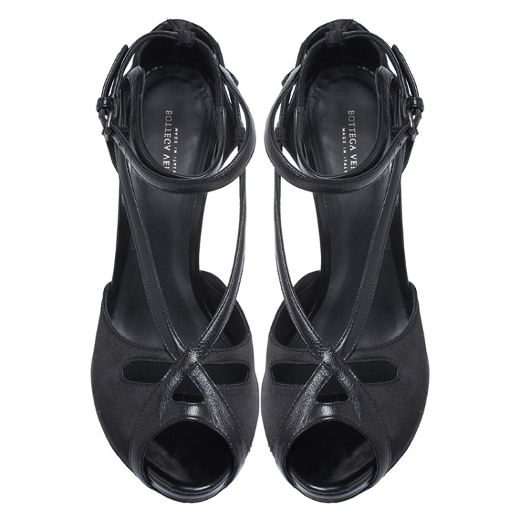 Pre Owned Bottega Veneta Black Satin And Leather Trim Ankle Strap Sandals Size 38