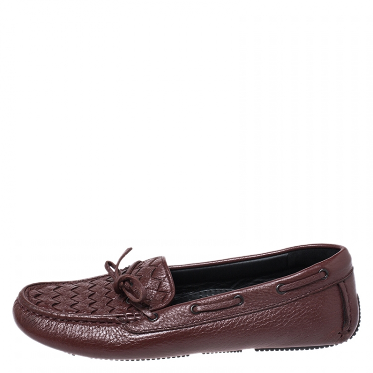 Pre Owned Bottega Veneta Brown Intrecciato Leather Bow Slip On Loafers Size 37.5