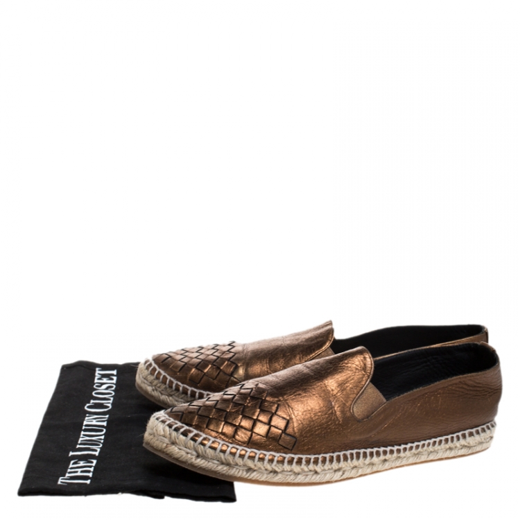 Pre Owned Bottega Veneta Bronze Intrecciato  Leather Espadrille Flats Size 41