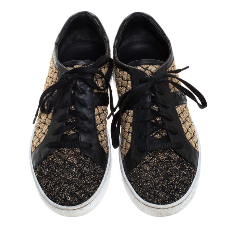 Pre Owned Bottega Veneta Black/Gold Woven Fabric and Leather Lace Low Top Sneakers Size 40