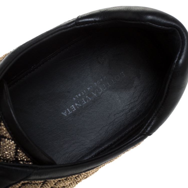 Pre Owned Bottega Veneta Black/Gold Woven Fabric and Leather Lace Low Top Sneakers Size 40