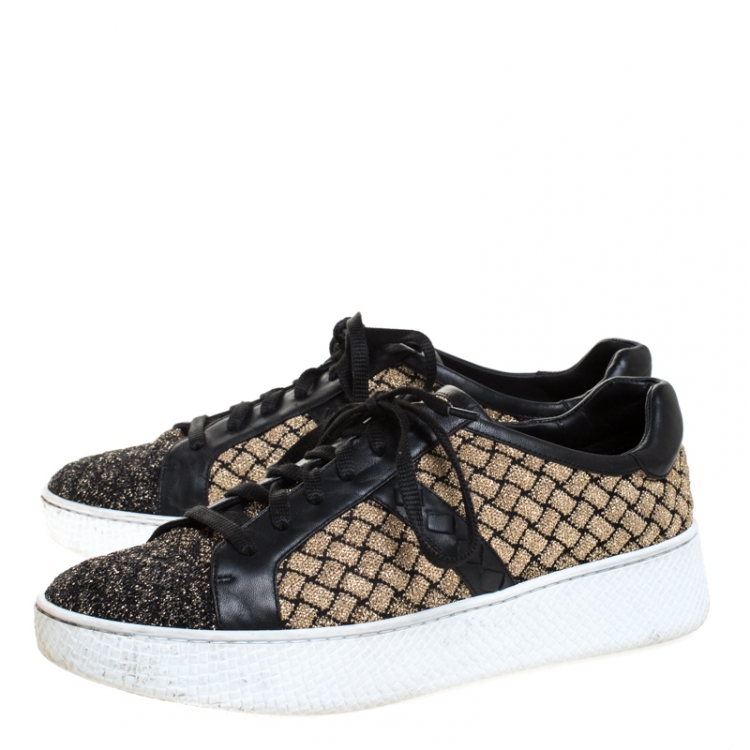 Pre Owned Bottega Veneta Black/Gold Woven Fabric and Leather Lace Low Top Sneakers Size 40