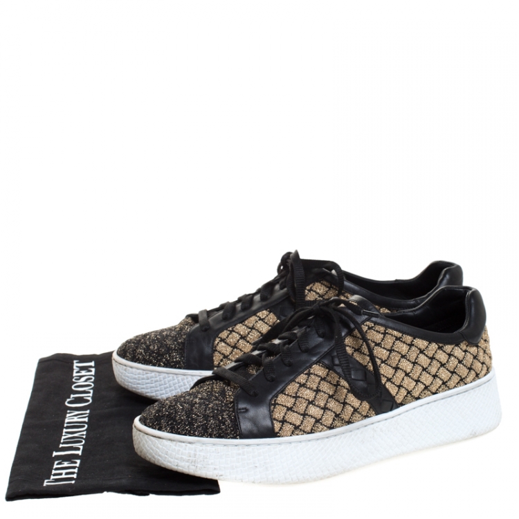 Pre Owned Bottega Veneta Black/Gold Woven Fabric and Leather Lace Low Top Sneakers Size 40