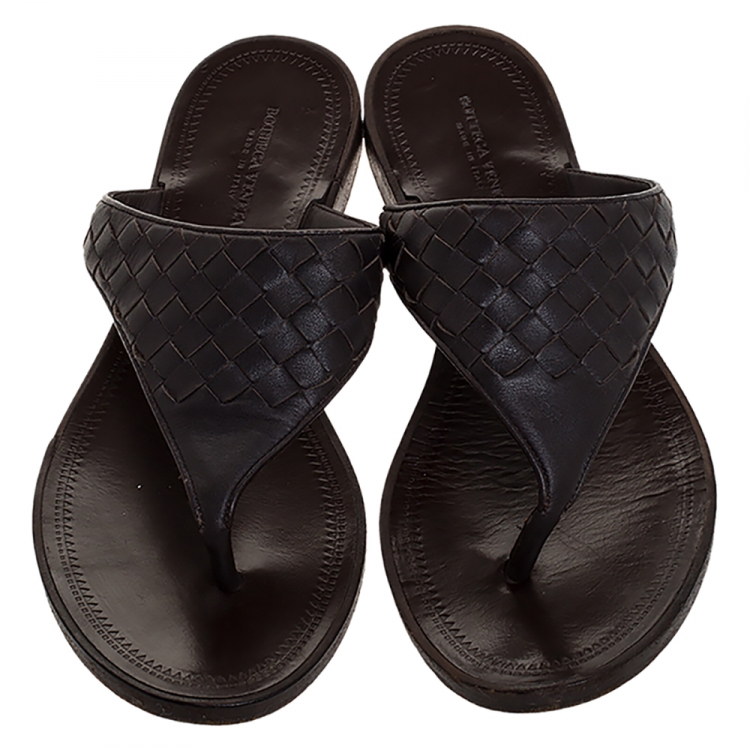 Pre Owned Bottega Veneta Brown Intrecciato Leather Thong Flats Size 36