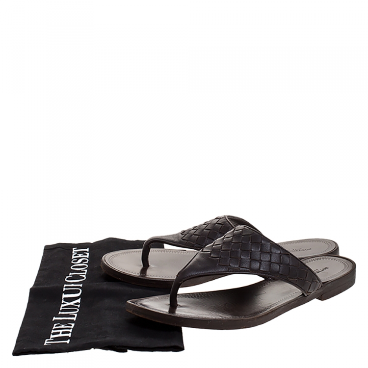 Pre Owned Bottega Veneta Brown Intrecciato Leather Thong Flats Size 36