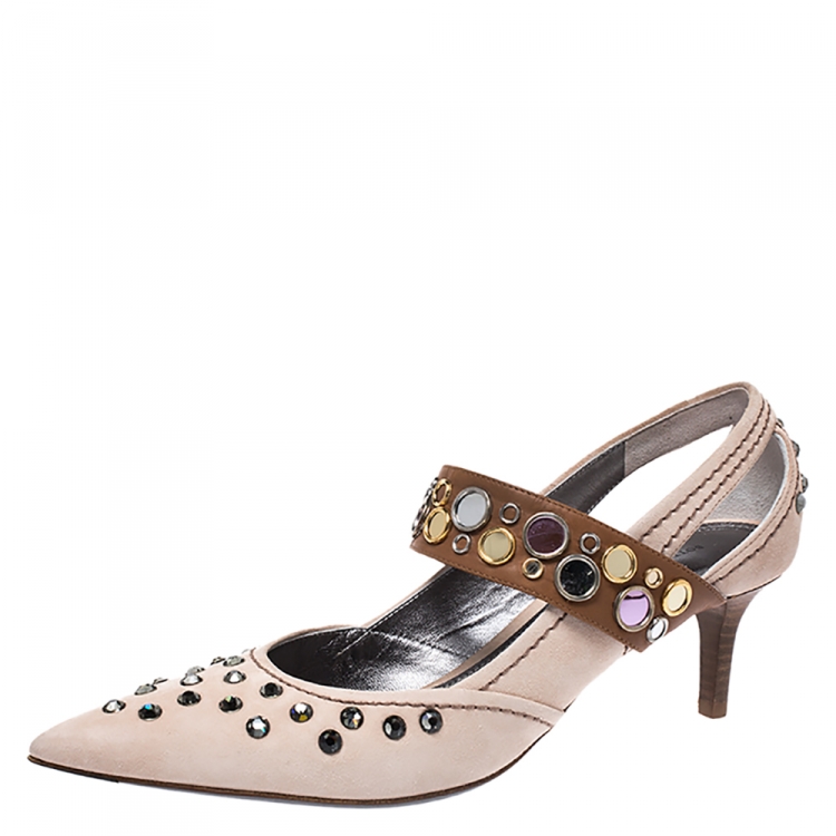 Pre Owned Bottega Veneta Beige/Brown Leather Studded Mary Jane Pumps Size 38