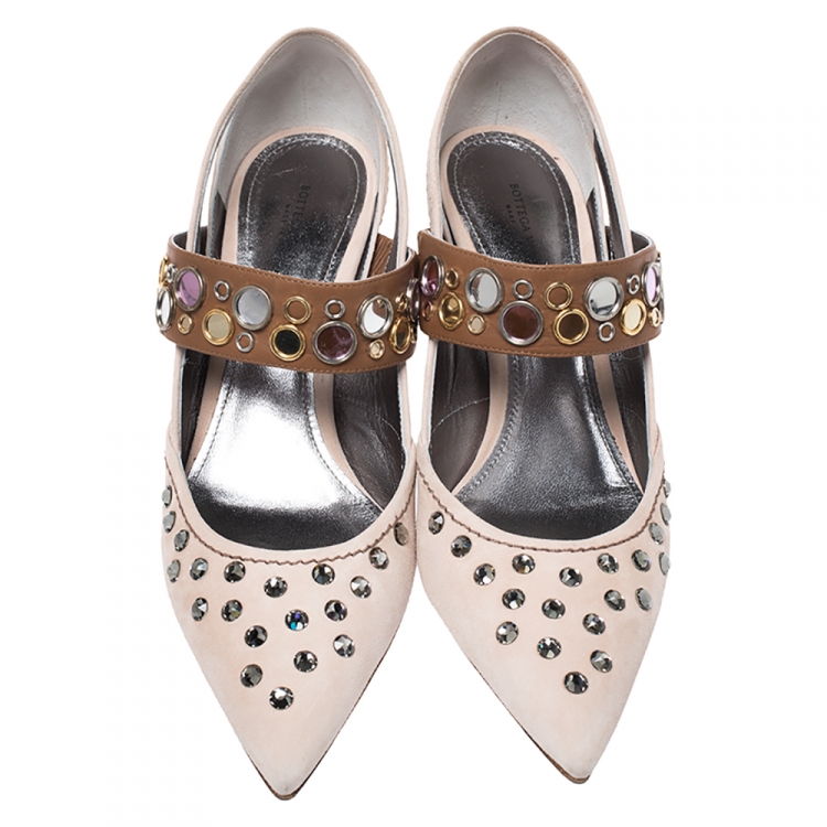 Pre Owned Bottega Veneta Beige/Brown Leather Studded Mary Jane Pumps Size 38