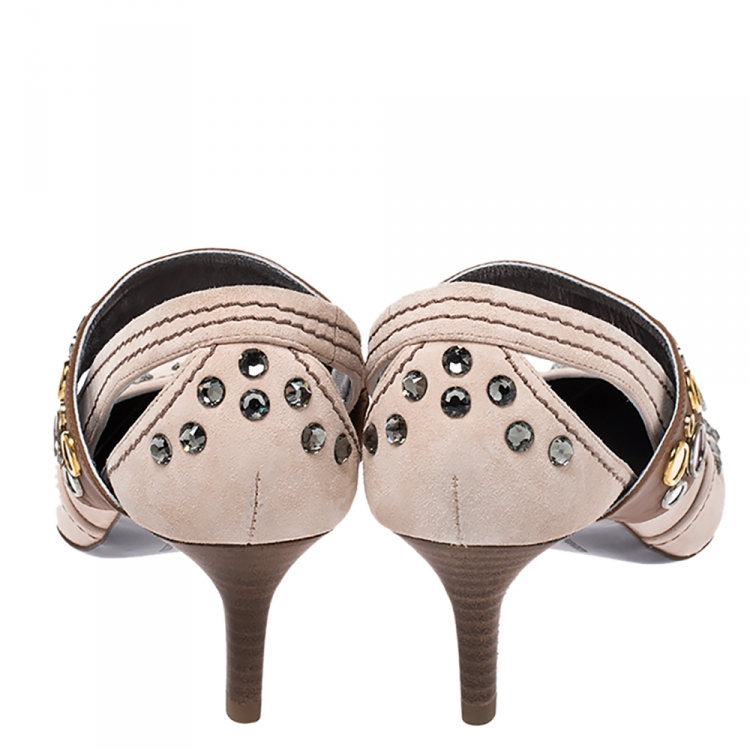 Pre Owned Bottega Veneta Beige/Brown Leather Studded Mary Jane Pumps Size 38