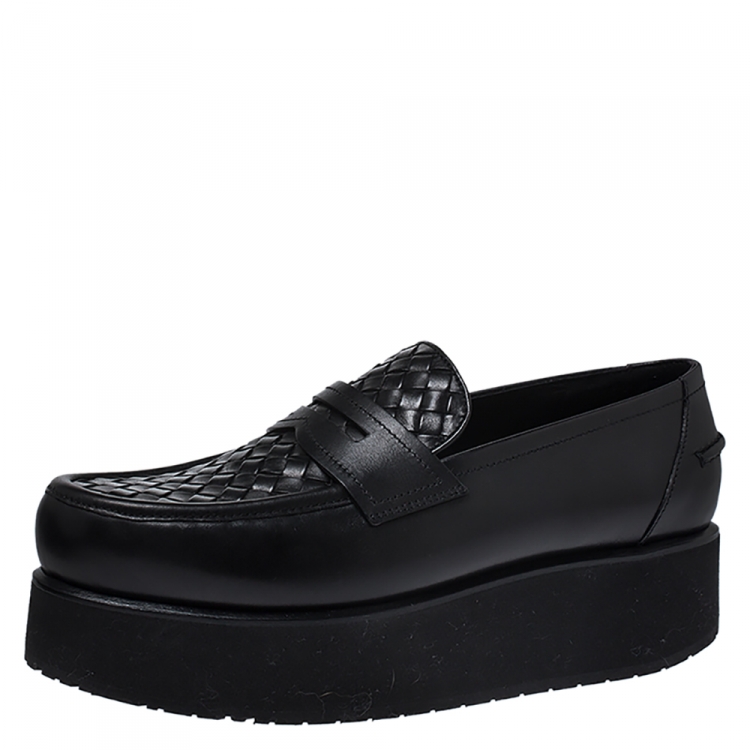 Pre Owned Bottega Veneta Black Intrecciato Leather Platform Loafers Size 39