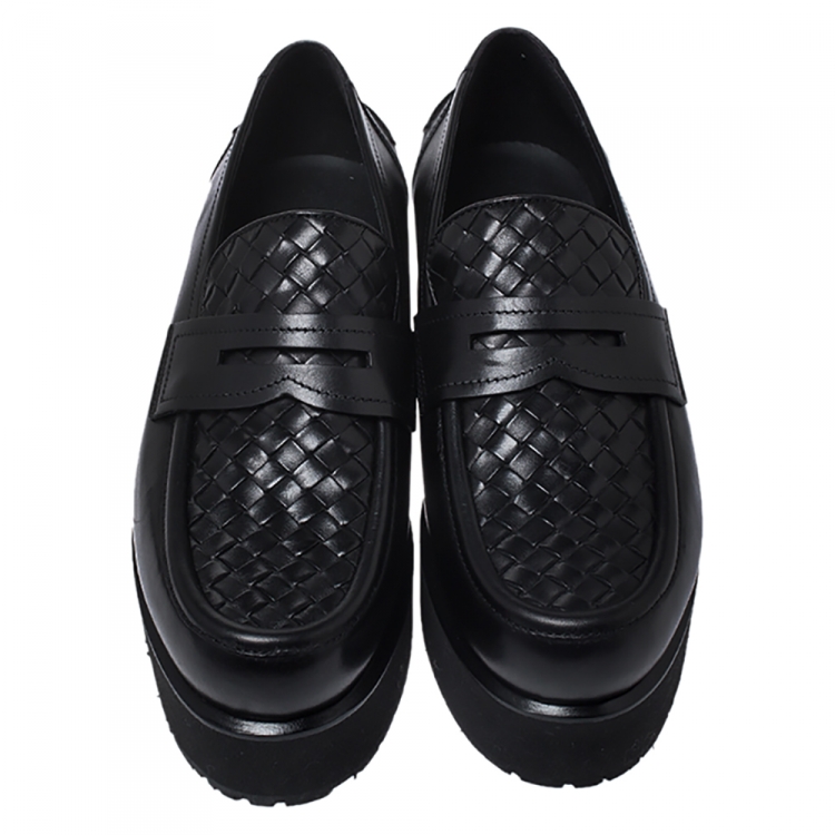 Pre Owned Bottega Veneta Black Intrecciato Leather Platform Loafers Size 39