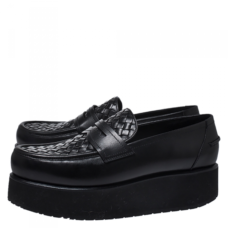 Pre Owned Bottega Veneta Black Intrecciato Leather Platform Loafers Size 39