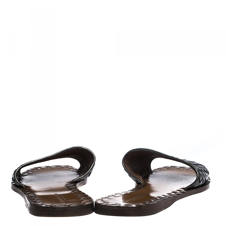 Pre Owned Bottega Veneta Metallic Grey Intreciatto Leather Slip On Slide Size 39
