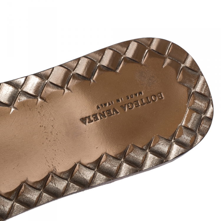 Pre Owned Bottega Veneta Metallic Grey Intreciatto Leather Slip On Slide Size 39