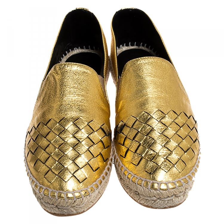 Pre Owned Bottega Veneta Metallic Gold Intrecciato Leather Espadrille Sneakers Size 36