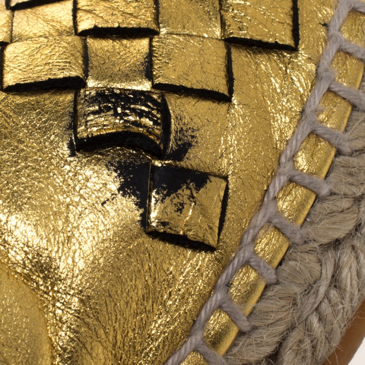Pre Owned Bottega Veneta Metallic Gold Intrecciato Leather Espadrille Sneakers Size 36