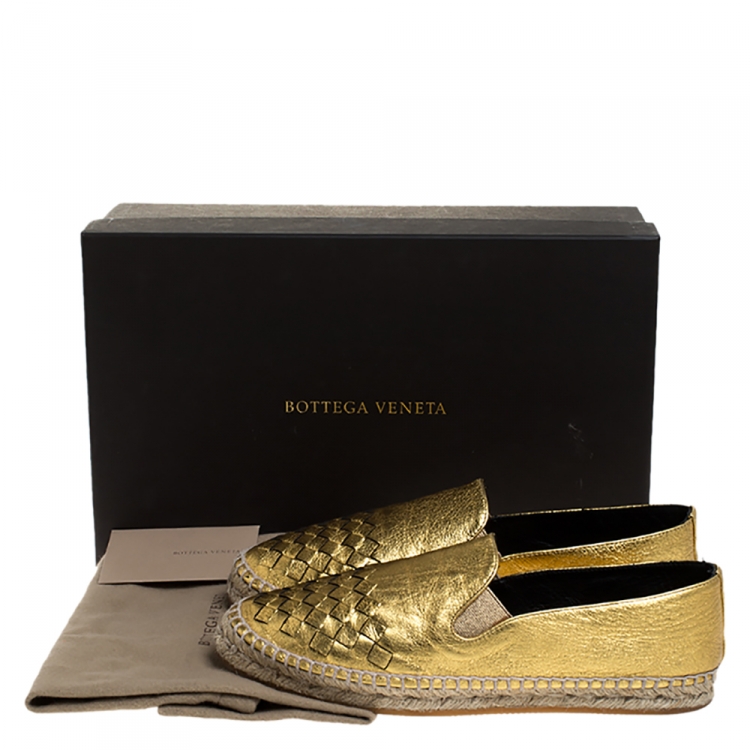Pre Owned Bottega Veneta Metallic Gold Intrecciato Leather Espadrille Sneakers Size 36