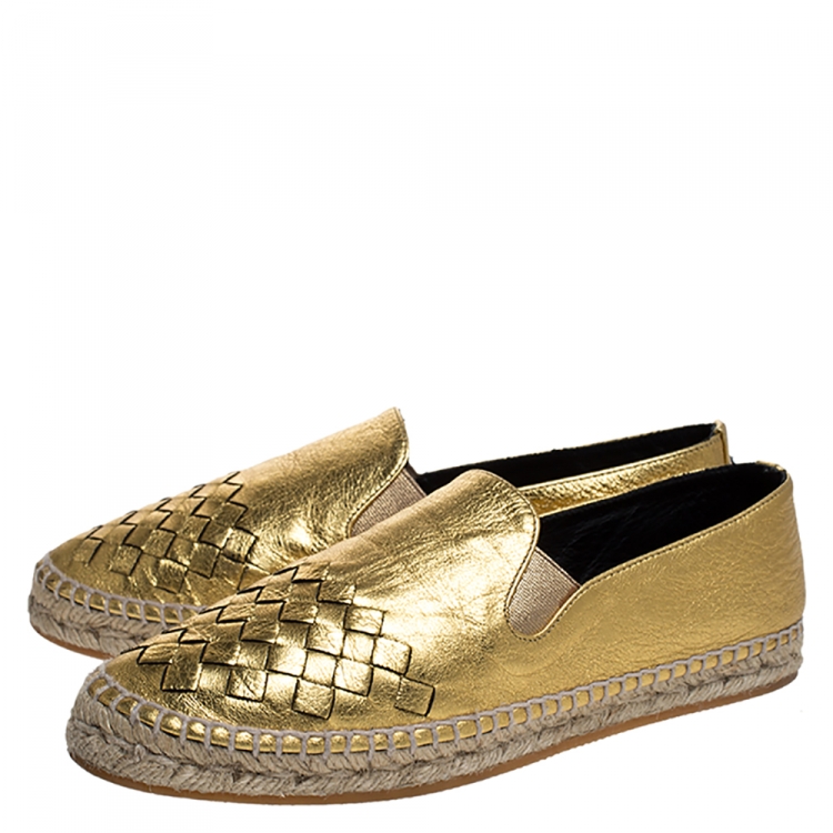 Pre Owned Bottega Veneta Metallic Gold Intrecciato Leather Espadrille Sneakers Size 36