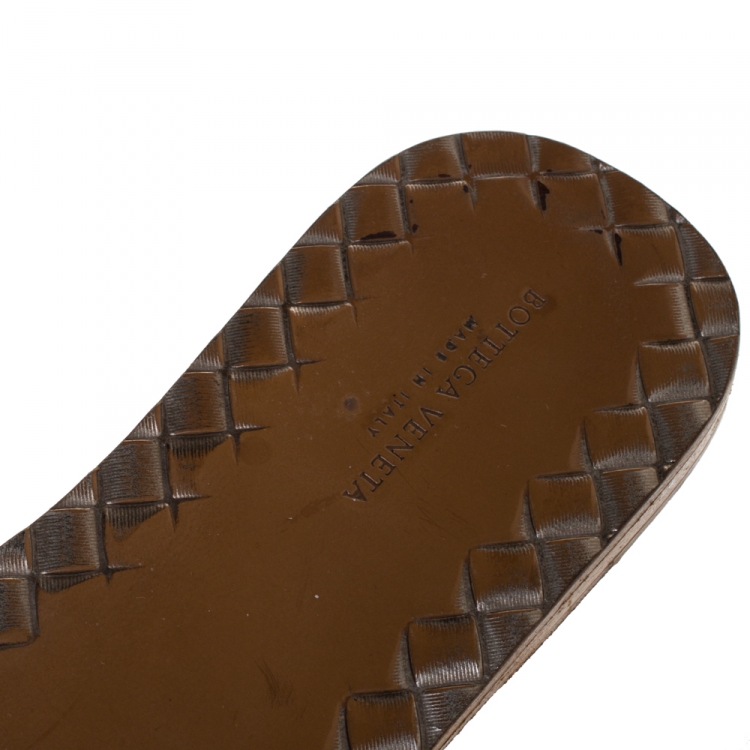 Pre Owned Bottega Veneta Metallic Grey Intreciato Leather Flat Slides Size 38.5