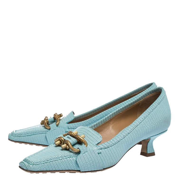 Pre Owned Bottega Veneta Blue Lizard Embossed Leather Madame Pumps Size 36