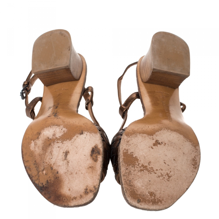 Pre Owned  Bottega Veneta Metallic Bronze Intrecciato Leather Slingback Open Toe Sandals Size 35