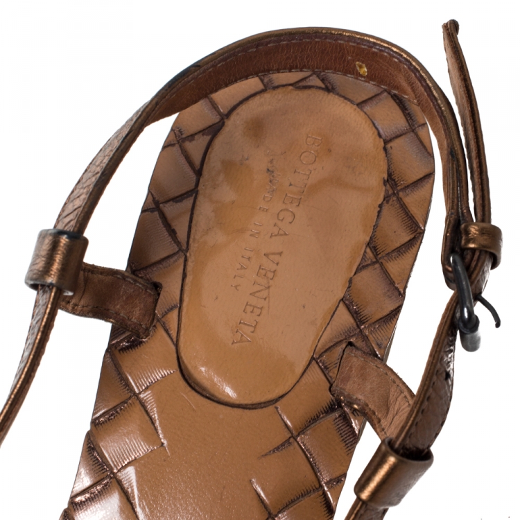 Pre Owned  Bottega Veneta Metallic Bronze Intrecciato Leather Slingback Open Toe Sandals Size 35