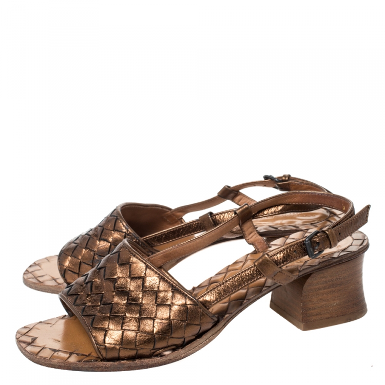 Pre Owned  Bottega Veneta Metallic Bronze Intrecciato Leather Slingback Open Toe Sandals Size 35