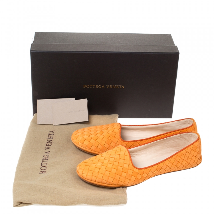 Pre Owned Bottega Veneta Orange Intrecciato Suede Smoking Slippers Size 38