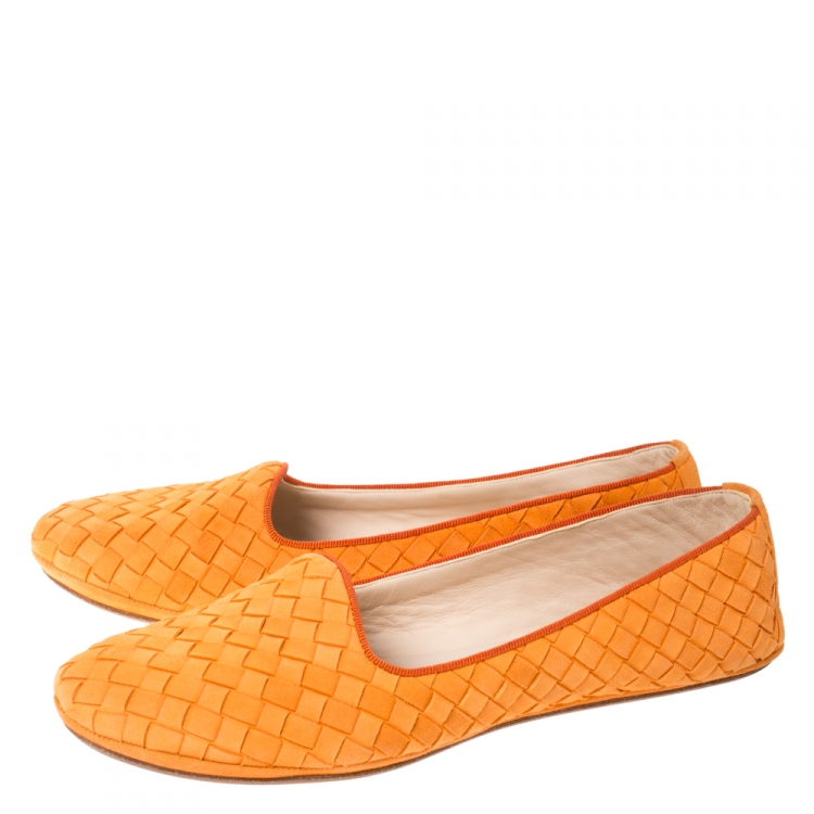 Pre Owned Bottega Veneta Orange Intrecciato Suede Smoking Slippers Size 38