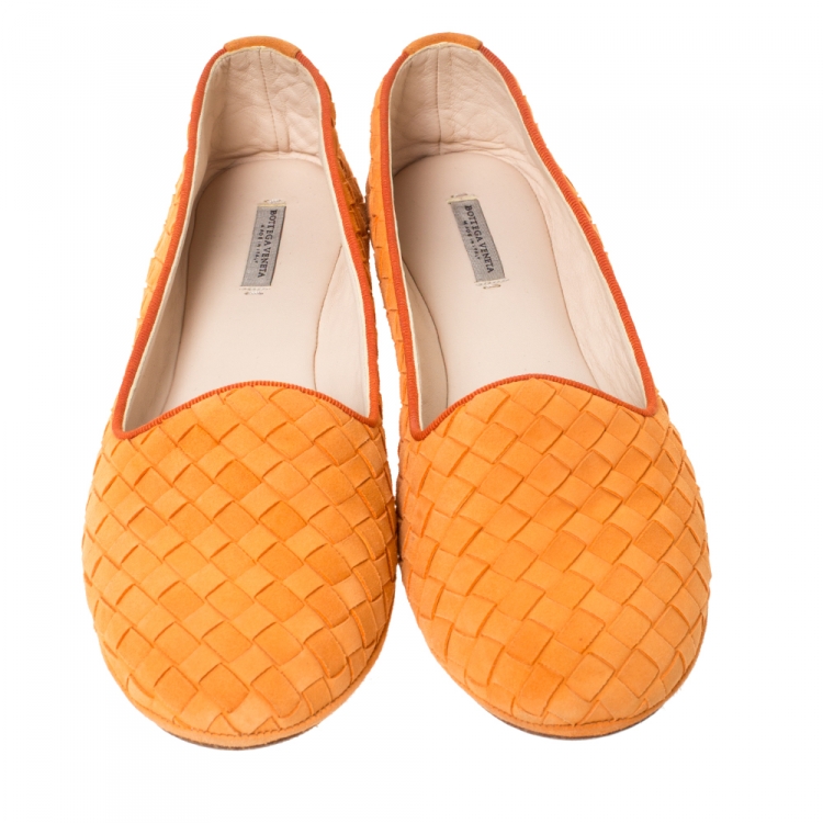 Pre Owned Bottega Veneta Orange Intrecciato Suede Smoking Slippers Size 38