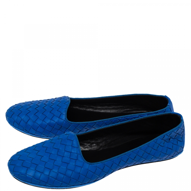 Pre Owned Bottega Veneta Blue Intrecciato Leather Ballet Flats Size 39