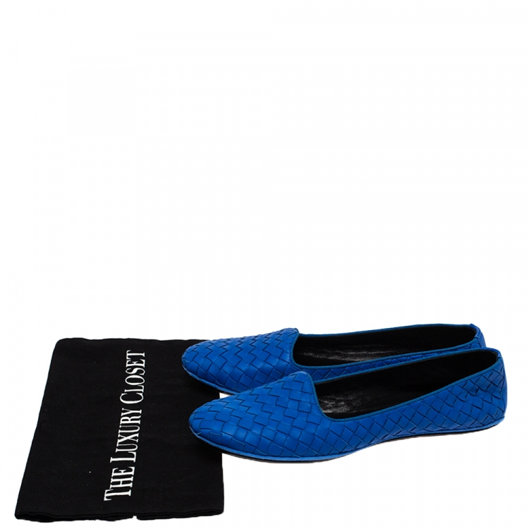 Pre Owned Bottega Veneta Blue Intrecciato Leather Ballet Flats Size 39