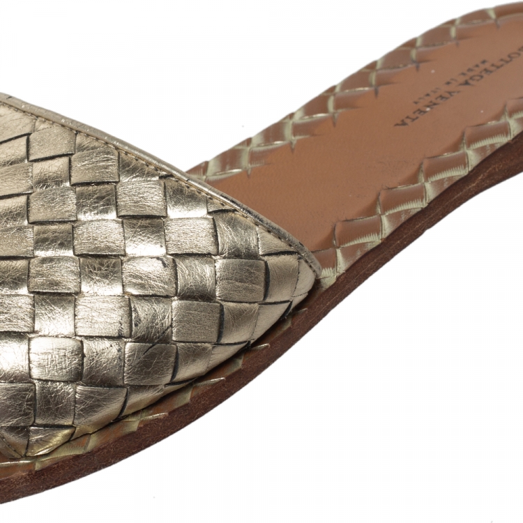 Pre Owned Bottega Veneta Metallic Gold Leather Flat Slides Size 37