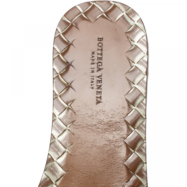 Pre Owned Bottega Veneta Metallic Gold Leather Flat Slides Size 37