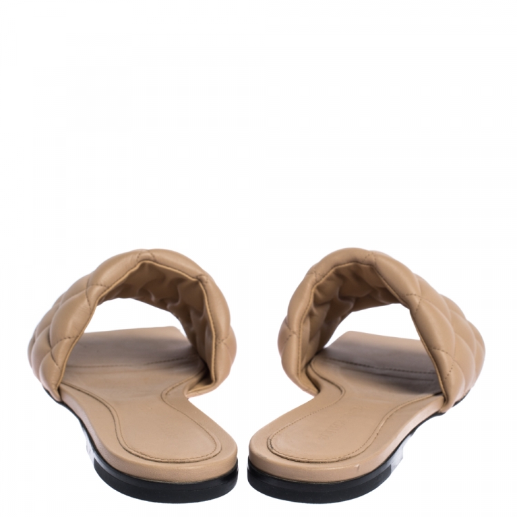 Pre Owned Bottega Veneta Beige Padded Quilted Leather Flat Slides Size 37