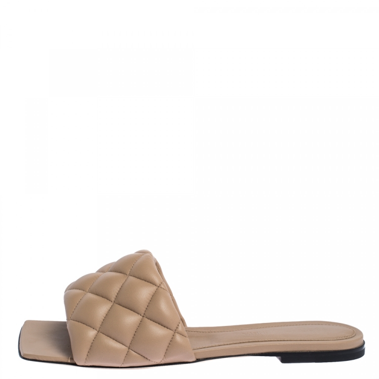 Pre Owned Bottega Veneta Beige Padded Quilted Leather Flat Slides Size 37