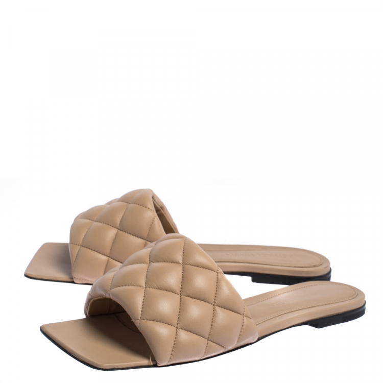 Pre Owned Bottega Veneta Beige Padded Quilted Leather Flat Slides Size 37