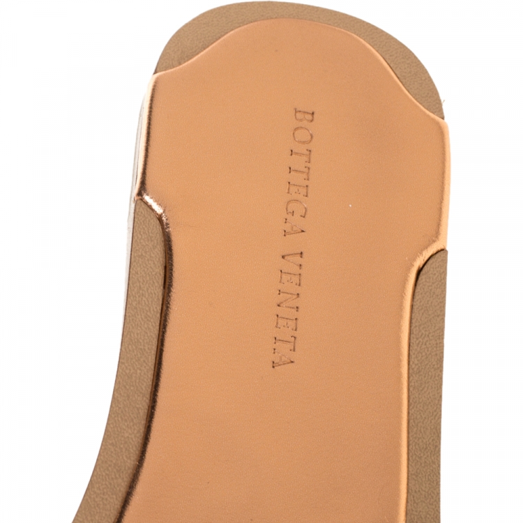 Pre Owned Bottega Veneta Metallic Rose Gold Leather Intrecciato Flat Slides Size 39