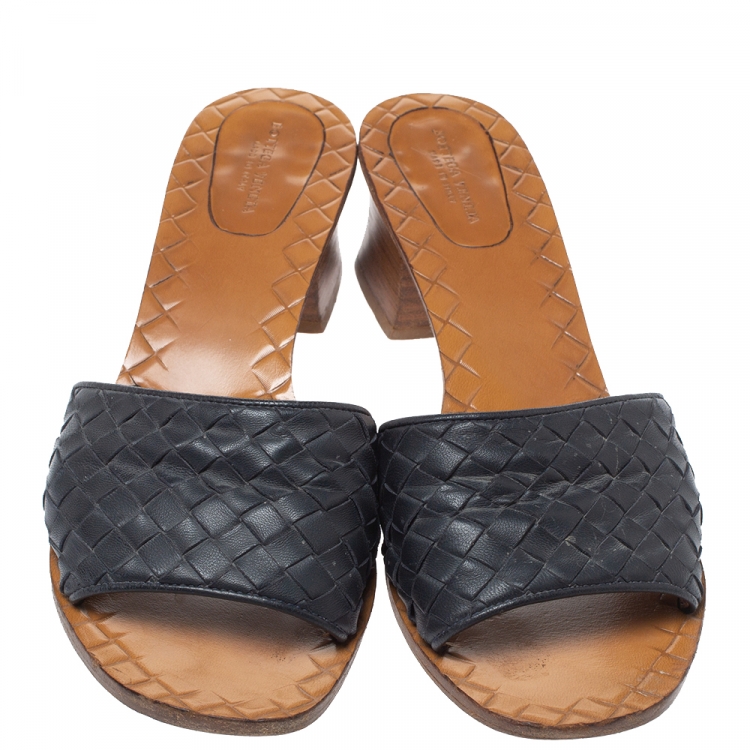 Pre Owned Bottega Veneta Black Intrecciato Leather Ravello Slide Sandals Size 40