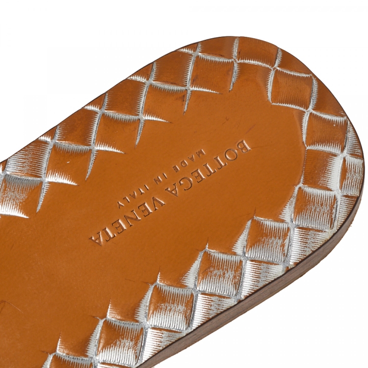Pre Owned Bottega Veneta Metallic Silver Intrecciato Leather Flat Slides Size 37