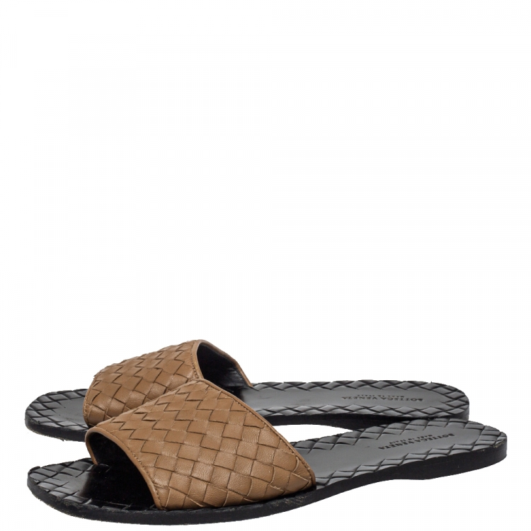 Pre Owned Bottega Veneta Brown Intrecciato Leather Flat Slides Size 37