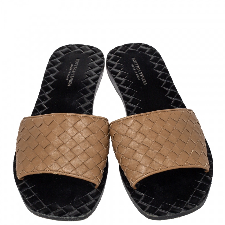 Pre Owned Bottega Veneta Brown Intrecciato Leather Flat Slides Size 37