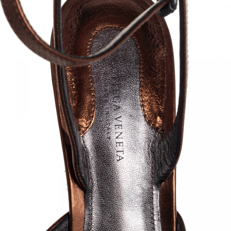 Pre Owned Bottega Veneta Metallic Brown Intrecciato Leather Ankle Strap Sandals Size 38