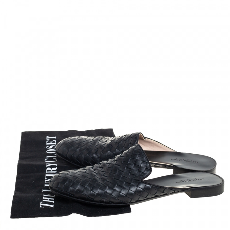 Pre Owned Bottega Veneta Black Intrecciato Leather Espresso Fiandra Mules Size 36.5