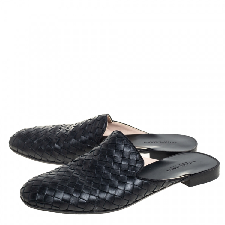Pre Owned Bottega Veneta Black Intrecciato Leather Espresso Fiandra Mules Size 36.5