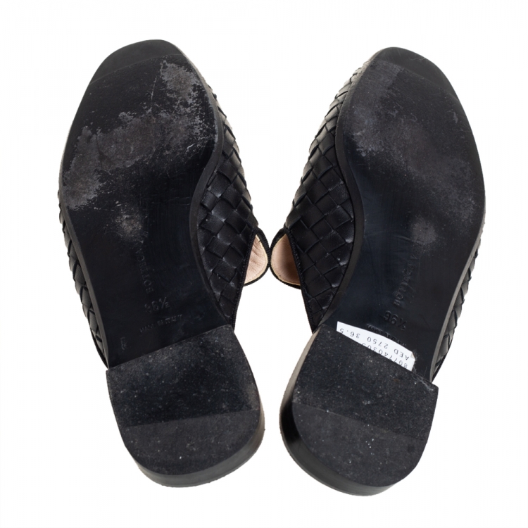 Pre Owned Bottega Veneta Black Intrecciato Leather Espresso Fiandra Mules Size 36.5