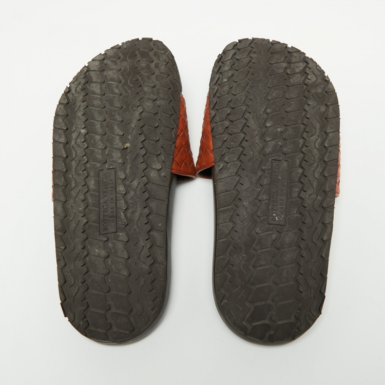 Pre Owned Bottega Veneta Rust Intrecciato Leather Flat Slides Size 37