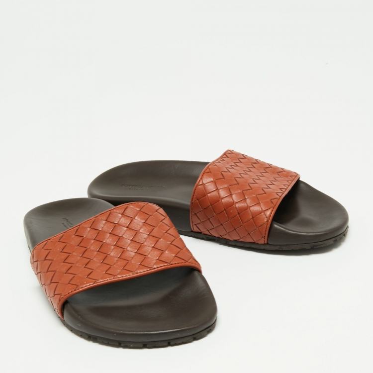 Pre Owned Bottega Veneta Rust Intrecciato Leather Flat Slides Size 37
