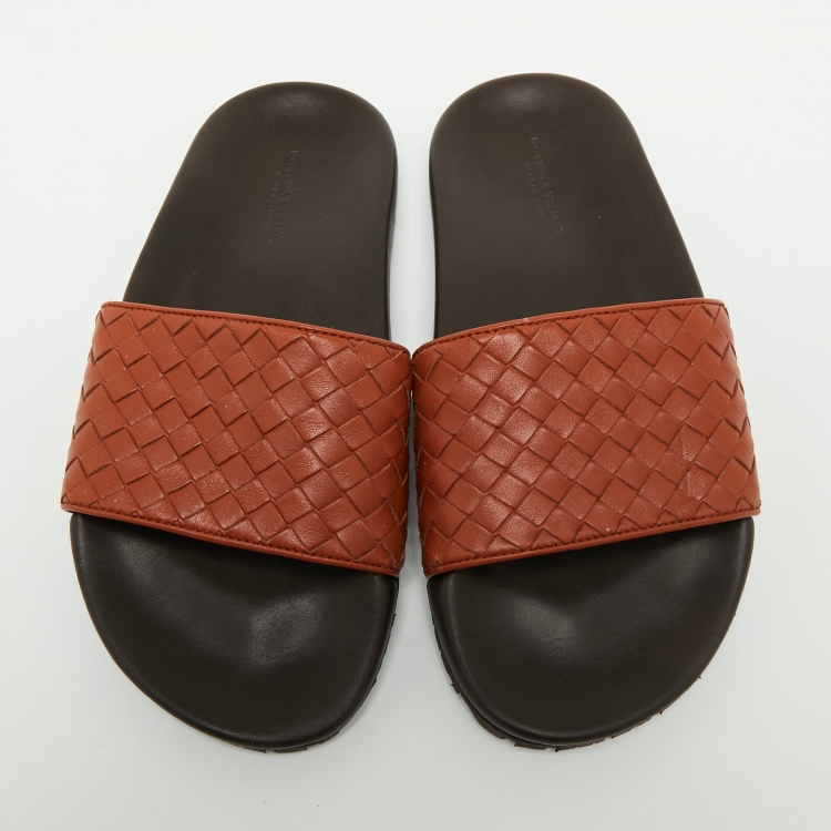 Pre Owned Bottega Veneta Rust Intrecciato Leather Flat Slides Size 37