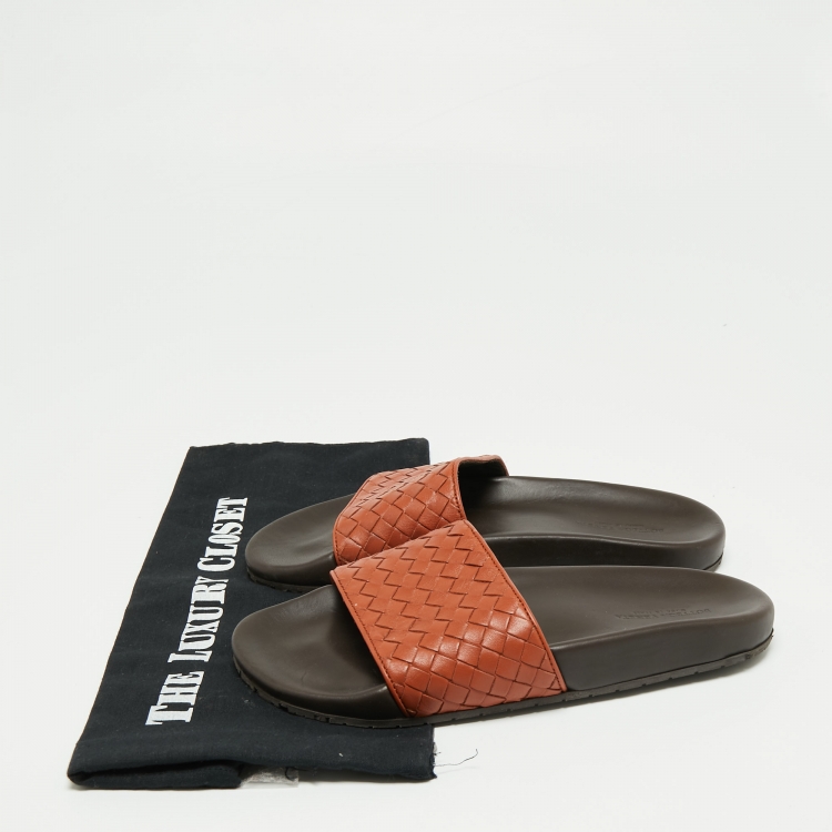 Pre Owned Bottega Veneta Rust Intrecciato Leather Flat Slides Size 37
